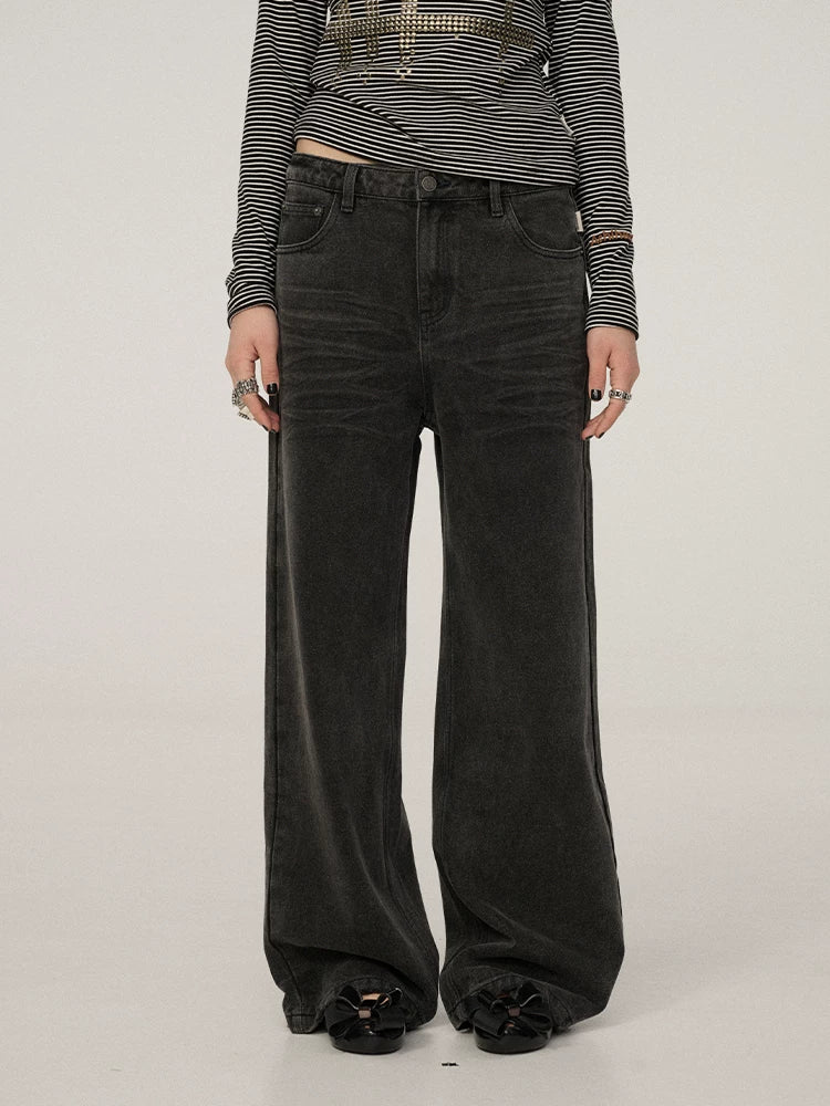 Achihara Smart Commuter Straight Leg Natural Waist Button Fly Denim Black Grey Pants-1