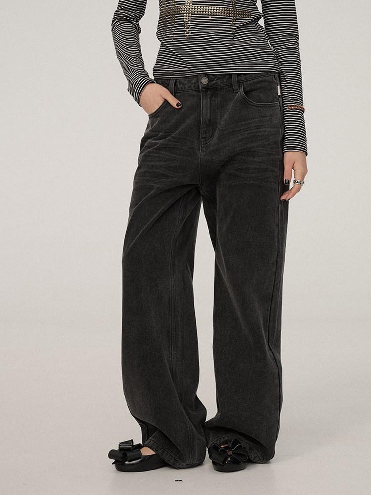 Achihara Smart Commuter Straight Leg Natural Waist Button Fly Denim Black Grey Pants