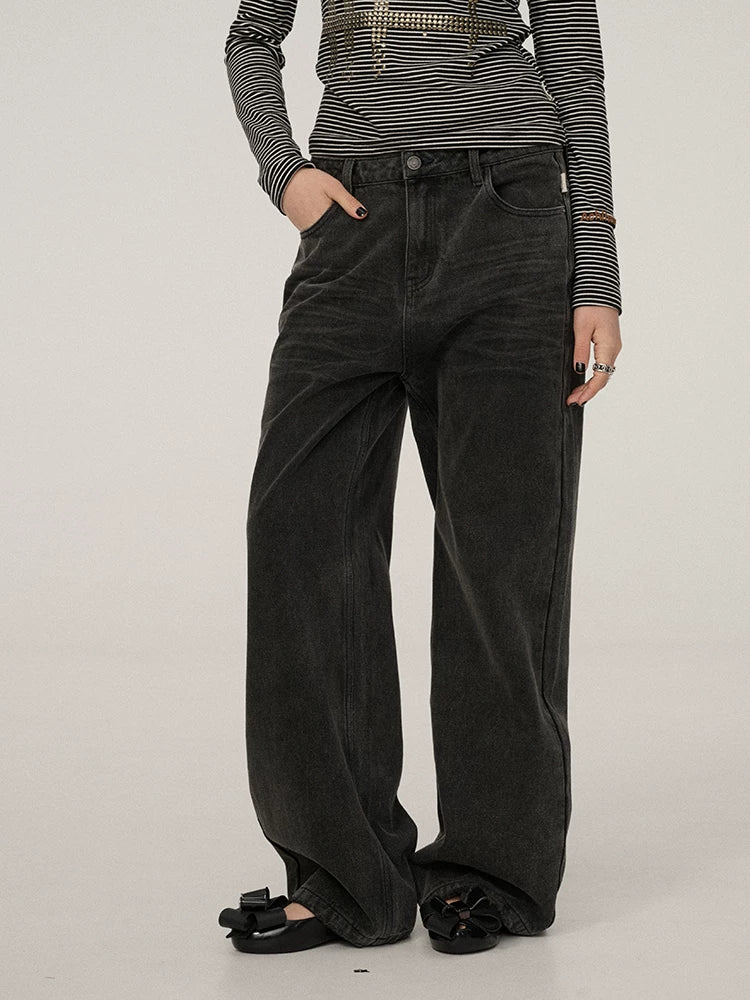 Achihara Smart Commuter Straight Leg Natural Waist Button Fly Denim Black Grey Pants-3