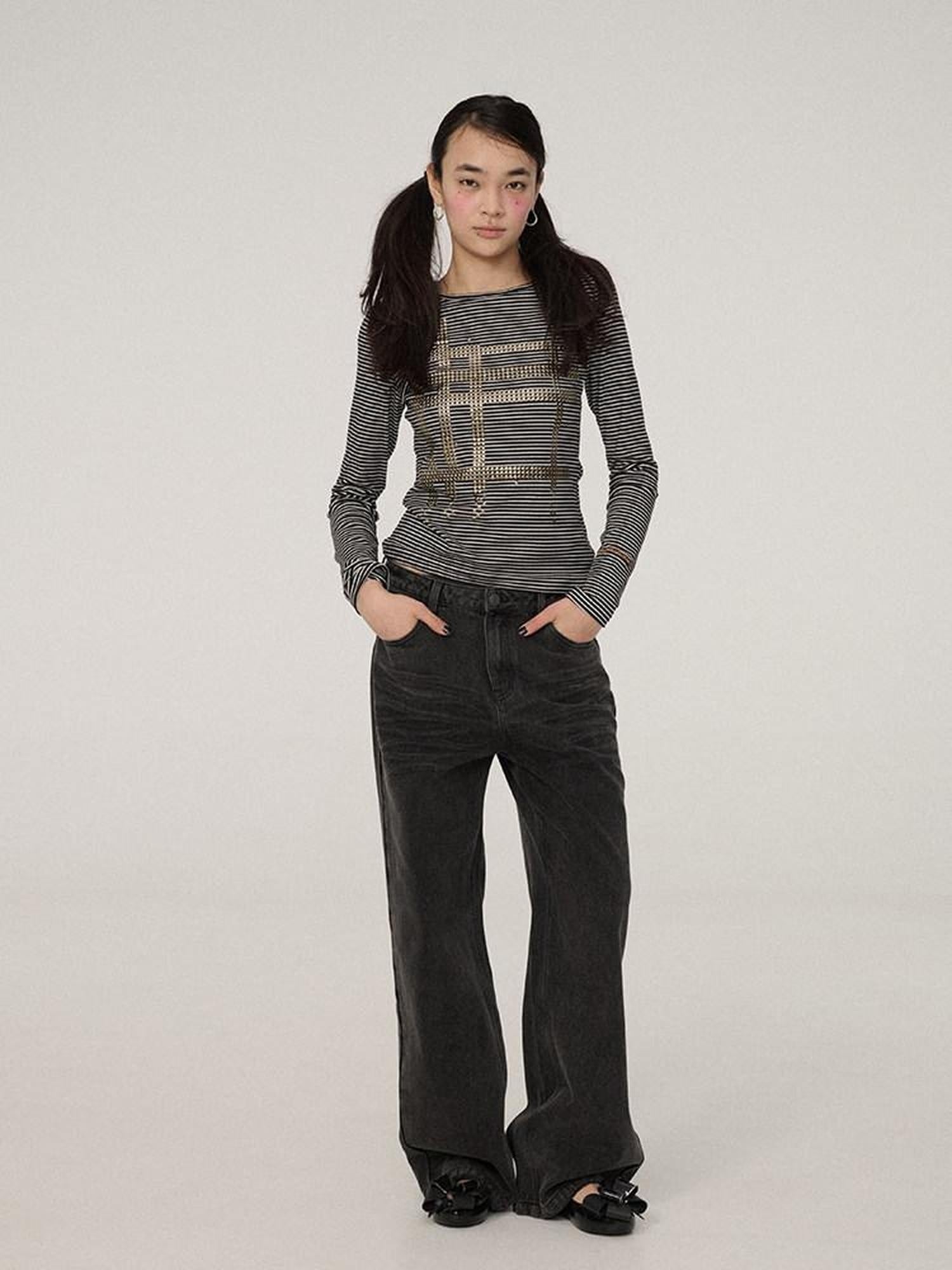 Achihara Smart Commuter Straight Leg Natural Waist Button Fly Denim Black Grey Pants