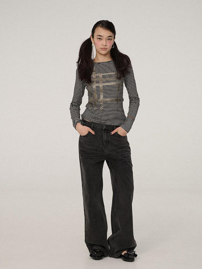 Achihara Smart Commuter Straight Leg Natural Waist Button Fly Denim Black Grey Pants