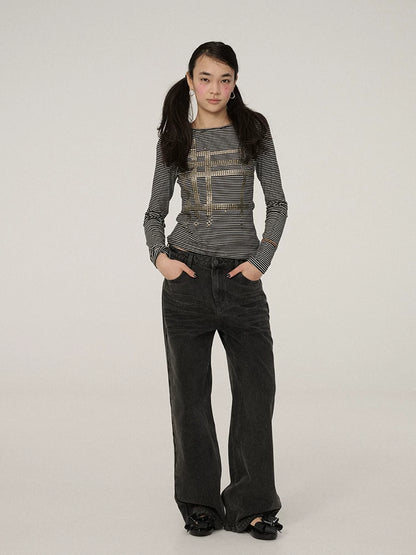 Achihara Smart Commuter Straight Leg Natural Waist Button Fly Denim Black Grey Pants-5