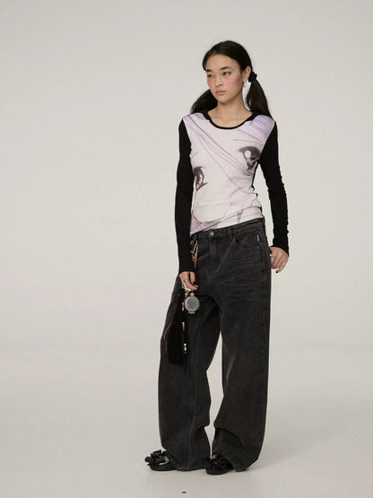 Achihara Smart Commuter Straight Leg Natural Waist Button Fly Denim Black Grey Pants