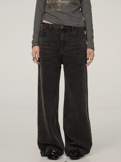 Achihara Smart Commuter Straight Leg Natural Waist Button Fly Denim Black Grey Pants