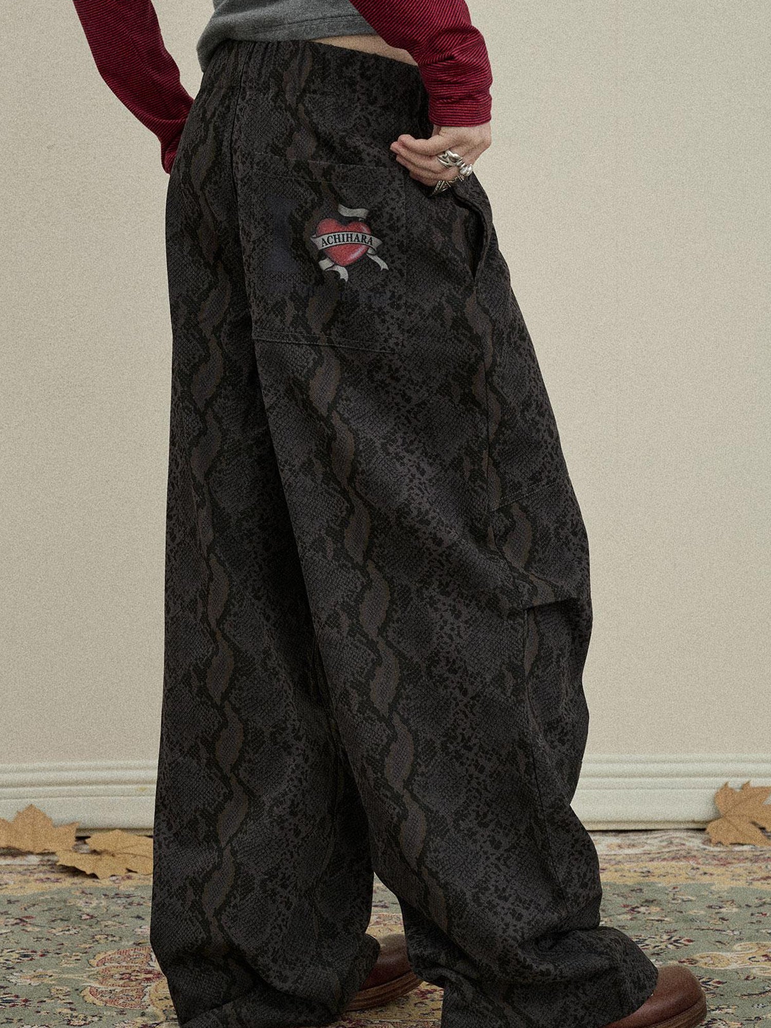 Update Achihara Snake Print Cargo Pants Wide Leg Drag Pants