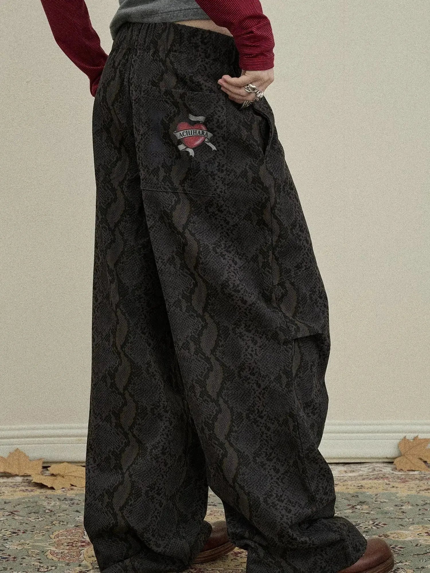 Snake Print Cargo Pants Wide Leg Drag Pants