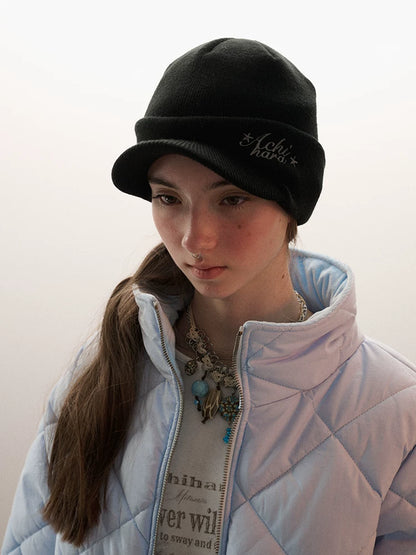 Achihara Soft Acrylic Knit Letter Casual Unisex Round Top Beanie Black Gray Hat-2