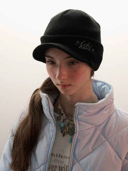 Achihara Soft Acrylic Knit Letter Casual Unisex Round Top Beanie Black Gray Hat