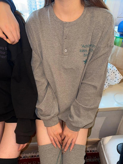 Achihara Soft Brushed Loose Fit Drop Shoulder Crew Neck Long Sleeve Women Letter T-Shirt