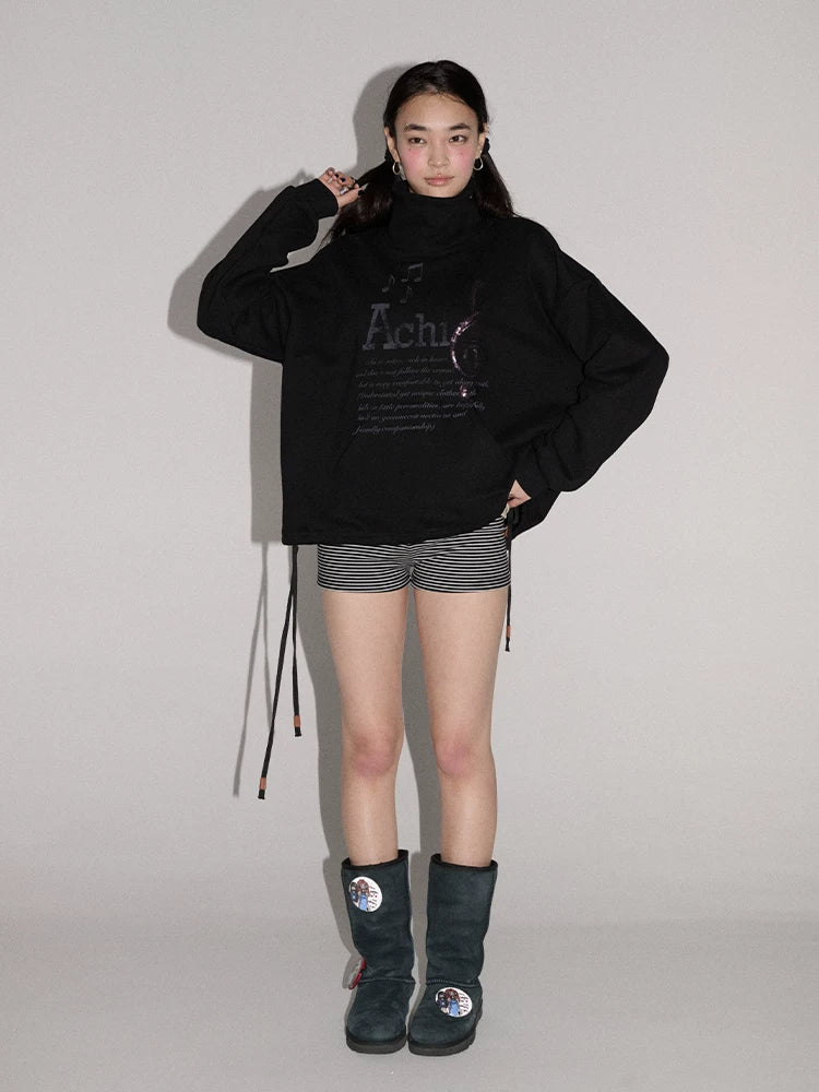 Achihara Soft Cotton Blend High Neck Straight Fit Casual Women Letter Print Hoodies-2