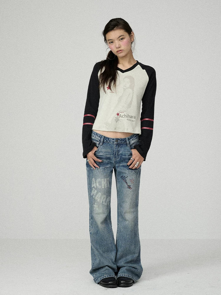 Achihara Soft Cotton Linen Stretch Straight Fit Long Sleeve Women Colorblock T-Shirt-1