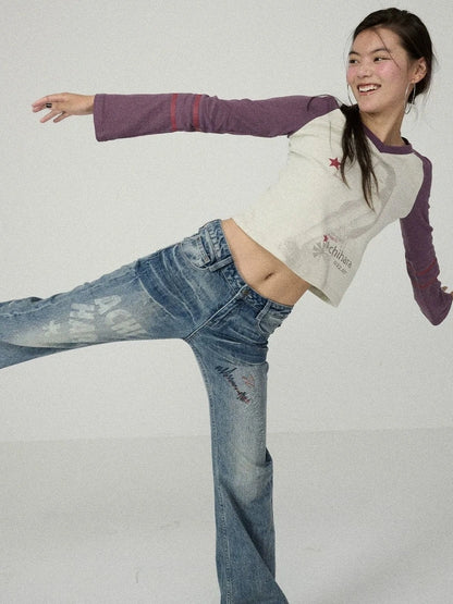 Achihara Soft Cotton Linen Stretch Straight Fit Long Sleeve Women Colorblock T-Shirt