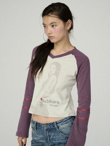 Achihara Soft Cotton Linen Stretch Straight Fit Long Sleeve Women Colorblock T-Shirt