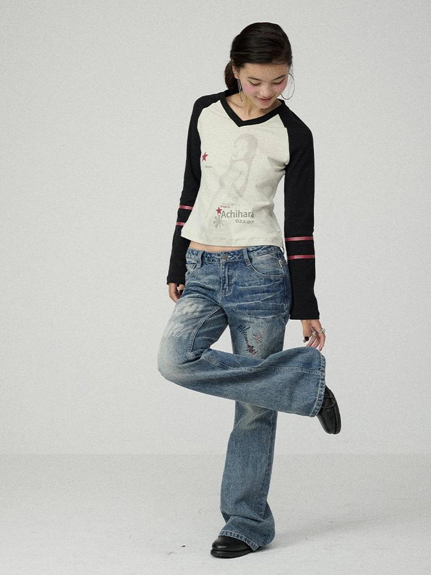 Achihara Soft Cotton Linen Stretch Straight Fit Long Sleeve Women Colorblock T-Shirt