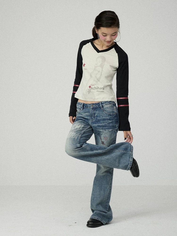Achihara Soft Cotton Linen Stretch Straight Fit Long Sleeve Women Colorblock T-Shirt-3