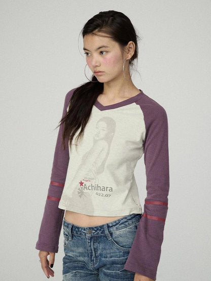 Achihara Soft Cotton Linen Stretch Straight Fit Long Sleeve Women Colorblock T-Shirt