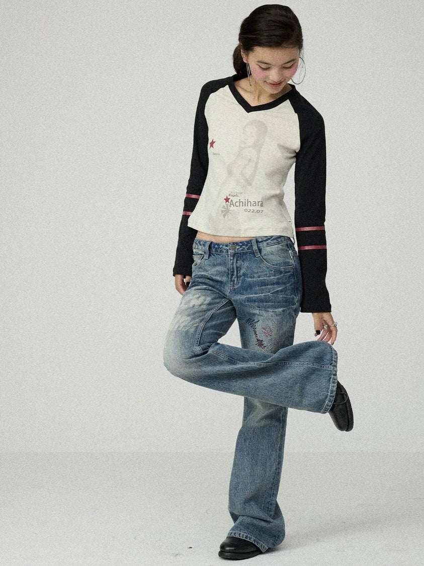 Achihara Soft Cotton Linen Stretch Straight Fit Long Sleeve Women Colorblock T-Shirt