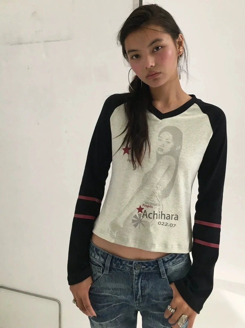 Achihara Soft Cotton Linen Stretch Straight Fit Long Sleeve Women Colorblock T-Shirt