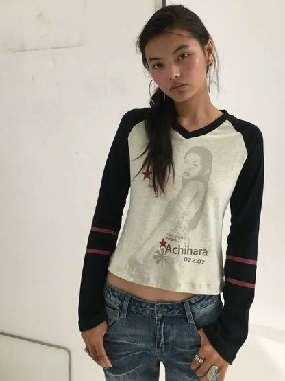 Achihara Soft Cotton Linen Stretch Straight Fit Long Sleeve Women Colorblock T-Shirt