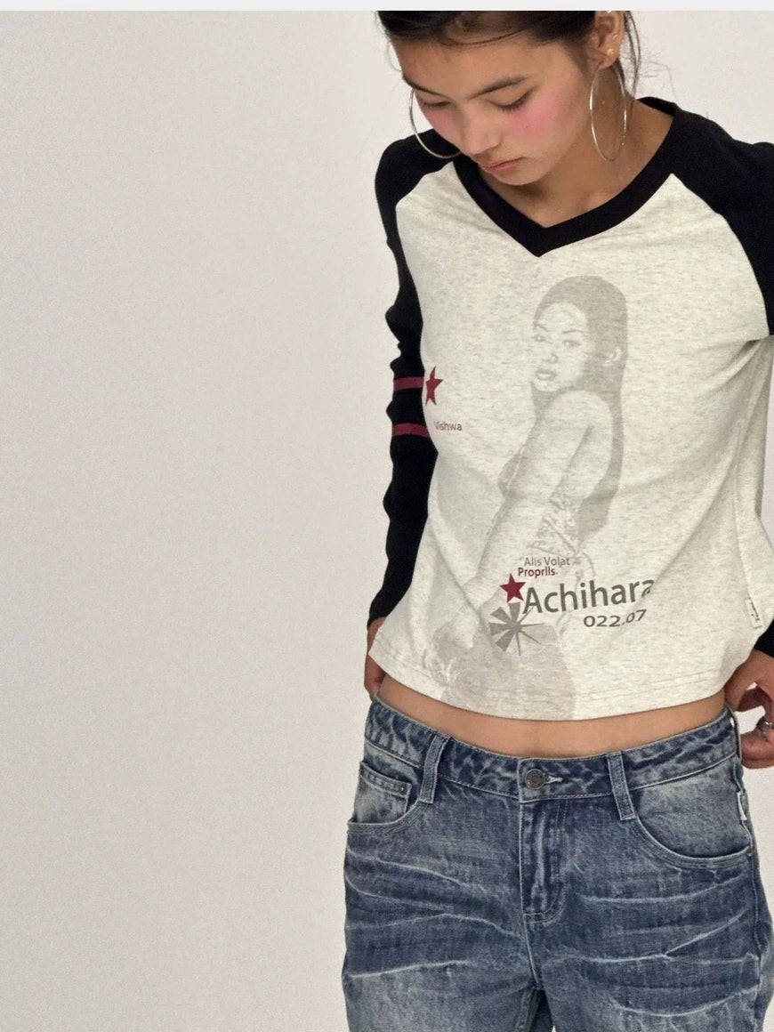 Achihara Soft Cotton Linen Stretch Straight Fit Long Sleeve Women Colorblock T-Shirt