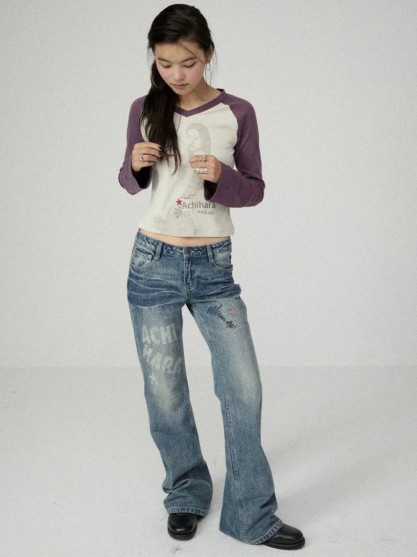 Achihara Soft Cotton Linen Stretch Straight Fit Long Sleeve Women Colorblock T-Shirt