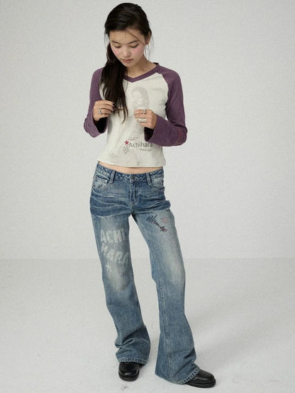 Achihara Soft Cotton Linen Stretch Straight Fit Long Sleeve Women Colorblock T-Shirt