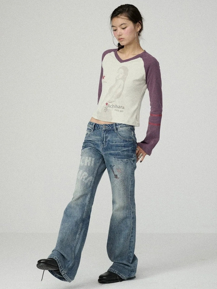 Achihara Soft Cotton Linen Stretch Straight Fit Long Sleeve Women Colorblock T-Shirt