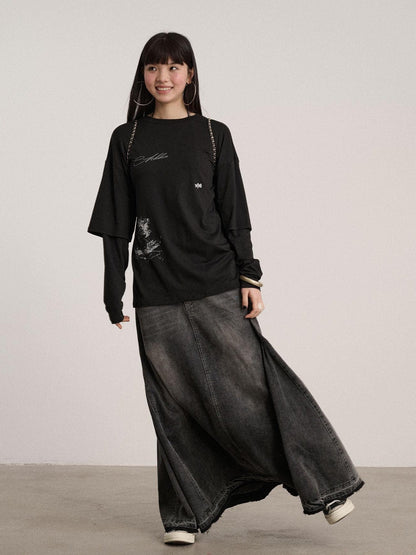 Achihara Soft Cotton Modal Blend Relaxed Drop Shoulder Women Black Long Sleeve T-Shirts