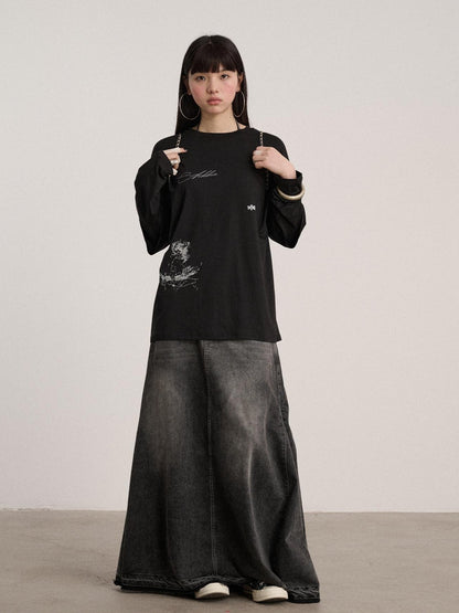 Achihara Soft Cotton Modal Blend Relaxed Drop Shoulder Women Black Long Sleeve T-Shirts