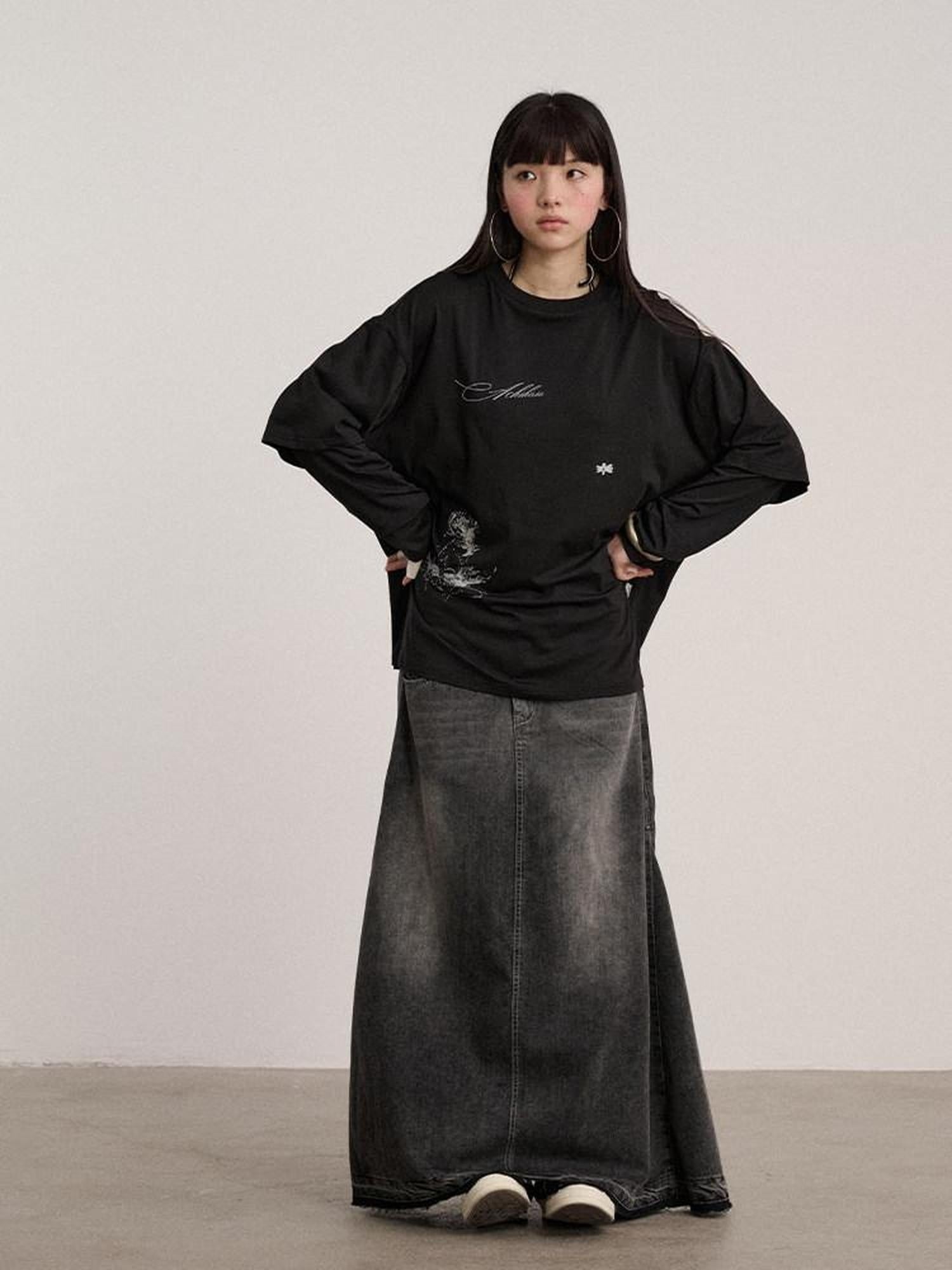 Achihara Soft Cotton Modal Blend Relaxed Drop Shoulder Women Black Long Sleeve T-Shirts