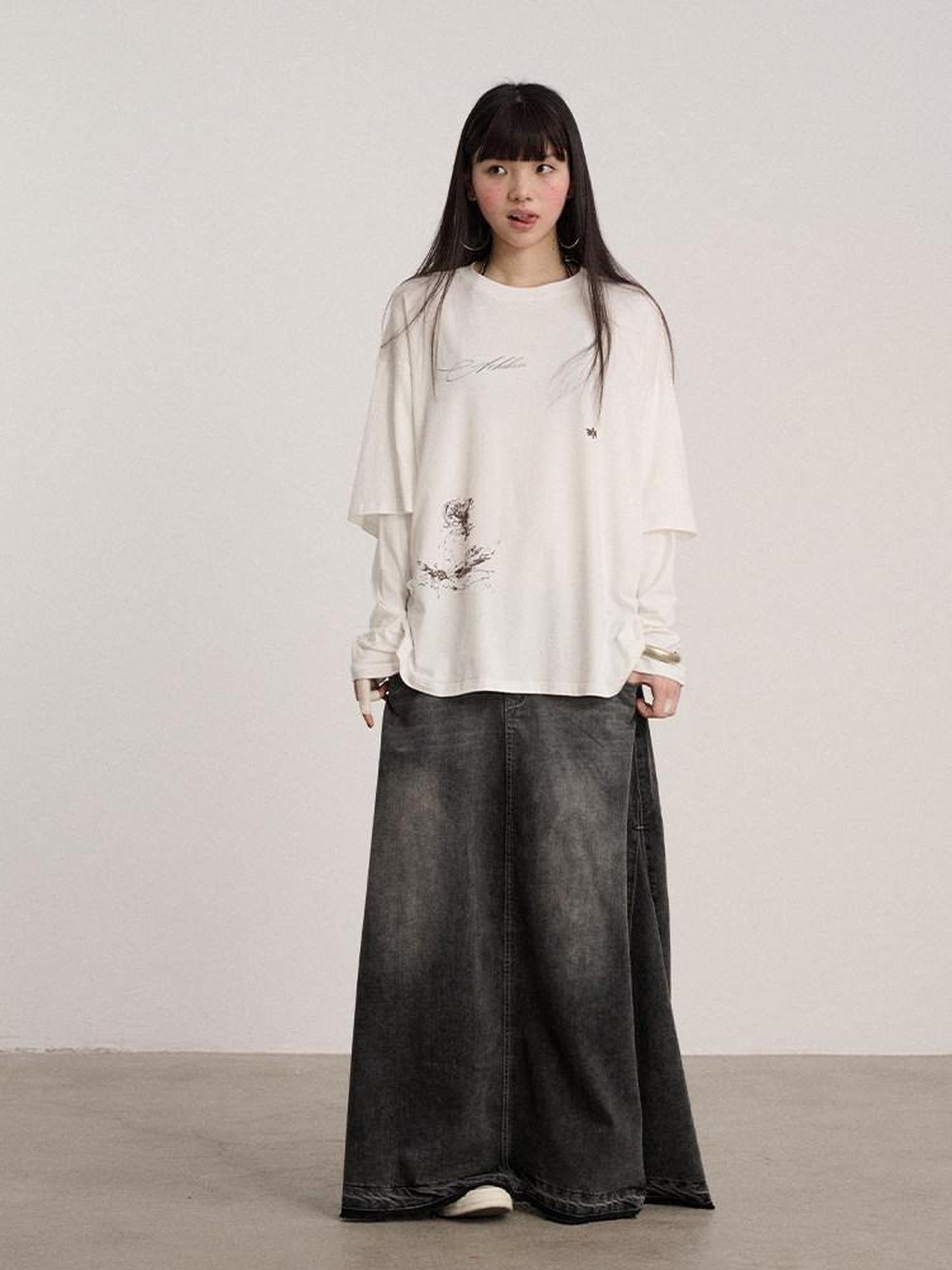 Achihara Soft Cotton Modal Blend Relaxed Drop Shoulder Women Black Long Sleeve T-Shirts