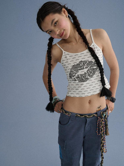 Achihara Soft Cotton Spaghetti Strap Round Neck Womens Lip Mustache Print Camisoles