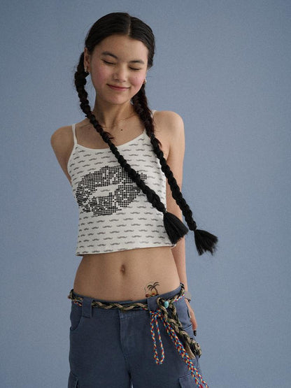 Achihara Soft Cotton Spaghetti Strap Round Neck Womens Lip Mustache Print Camisoles