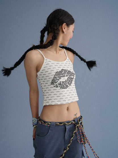 Achihara Soft Cotton Spaghetti Strap Round Neck Womens Lip Mustache Print Camisoles