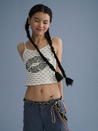 Achihara Soft Cotton Spaghetti Strap Round Neck Womens Lip Mustache Print Camisoles-4