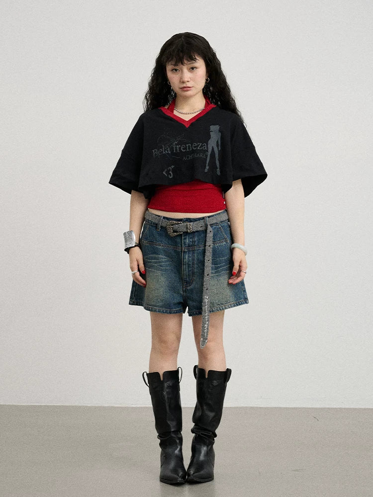 Achihara Soft Cotton Spandex Cropped V Neck Short Sleeve Women Office Black White T-Shirt-1