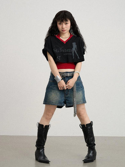 Achihara Soft Cotton Spandex Cropped V Neck Short Sleeve Women Office Black White T-Shirt