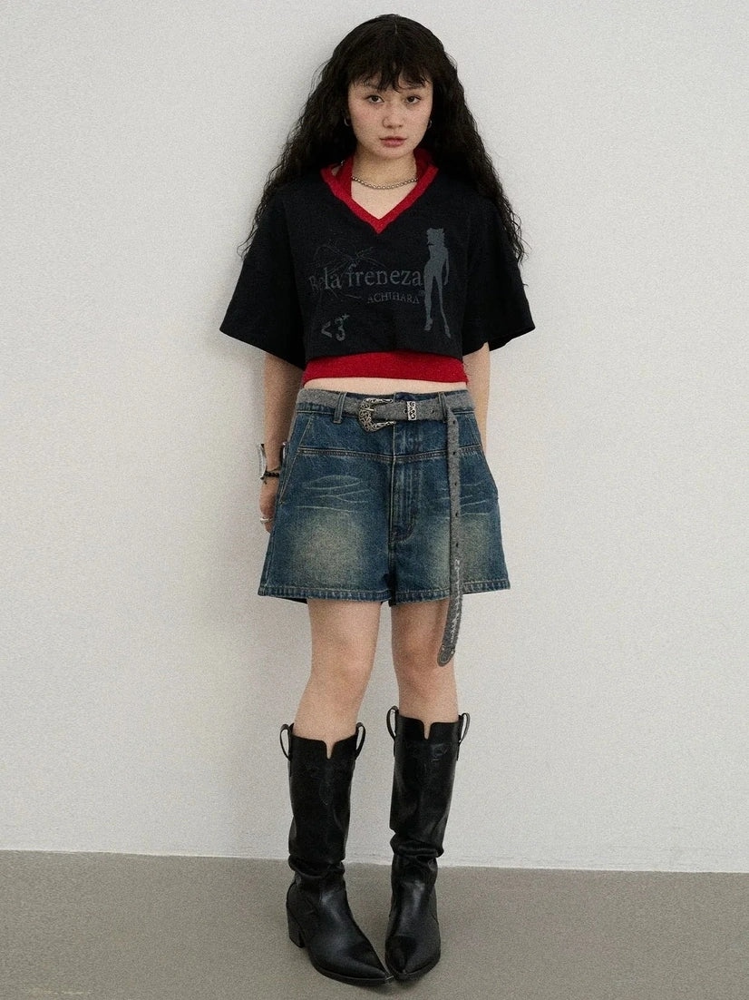 Achihara Soft Cotton Spandex Cropped V Neck Short Sleeve Women Office Black White T-Shirt