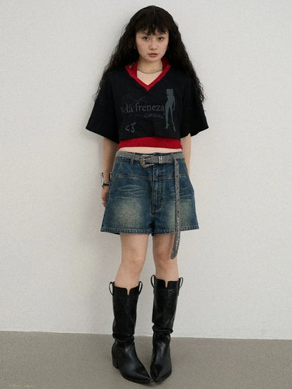 Achihara Soft Cotton Spandex Cropped V Neck Short Sleeve Women Office Black White T-Shirt