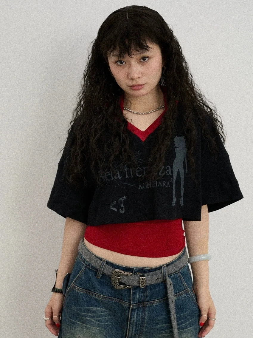 Achihara Soft Cotton Spandex Cropped V Neck Short Sleeve Women Office Black White T-Shirt