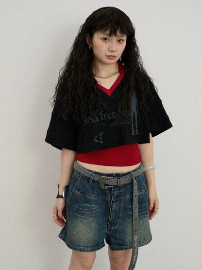 Achihara Soft Cotton Spandex Cropped V Neck Short Sleeve Women Office Black White T-Shirt