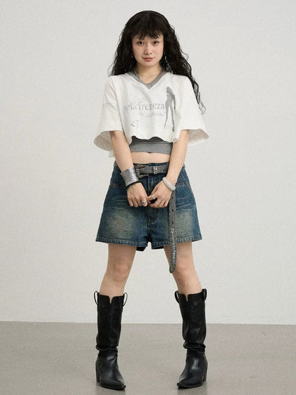 Achihara Soft Cotton Spandex Cropped V Neck Short Sleeve Women Office Black White T-Shirt