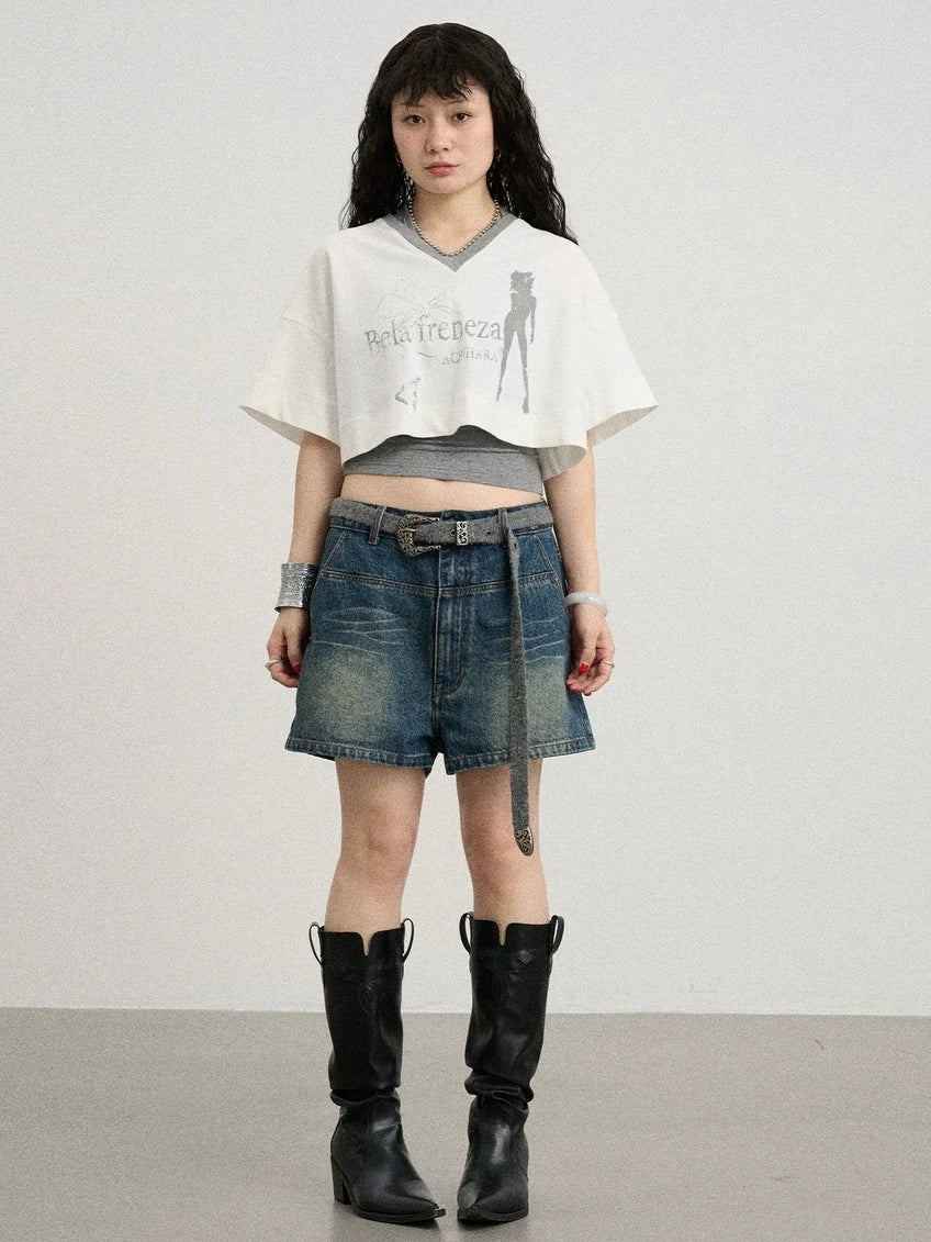 Achihara Soft Cotton Spandex Cropped V Neck Short Sleeve Women Office Black White T-Shirt