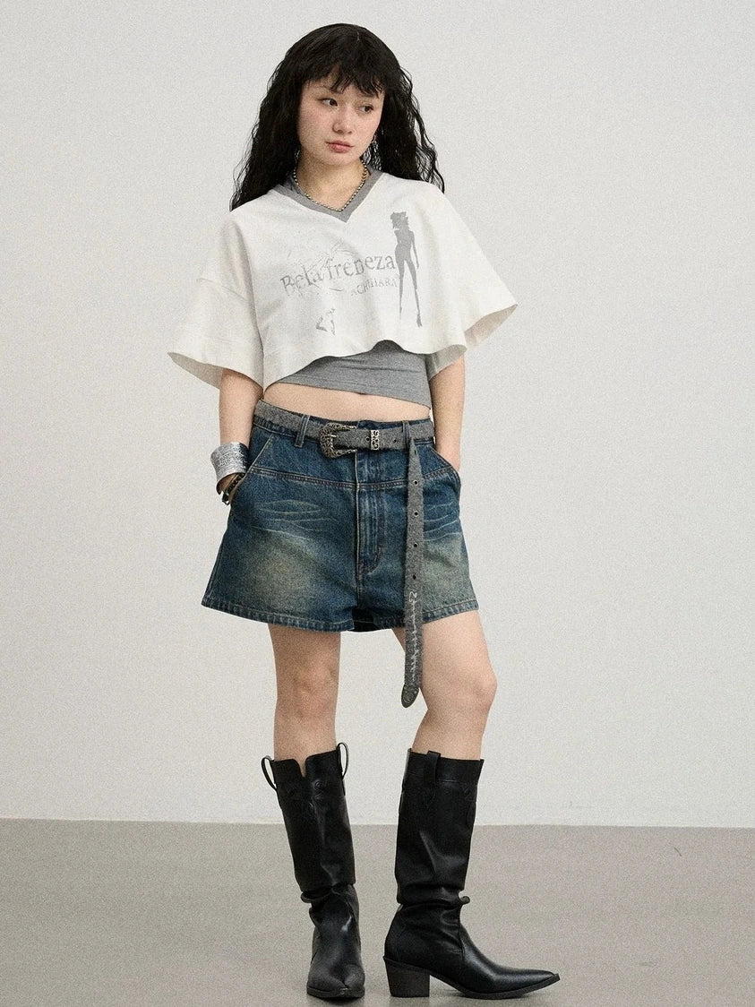 Achihara Soft Cotton Spandex Cropped V Neck Short Sleeve Women Office Black White T-Shirt