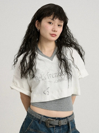 Achihara Soft Cotton Spandex Cropped V Neck Short Sleeve Women Office Black White T-Shirt