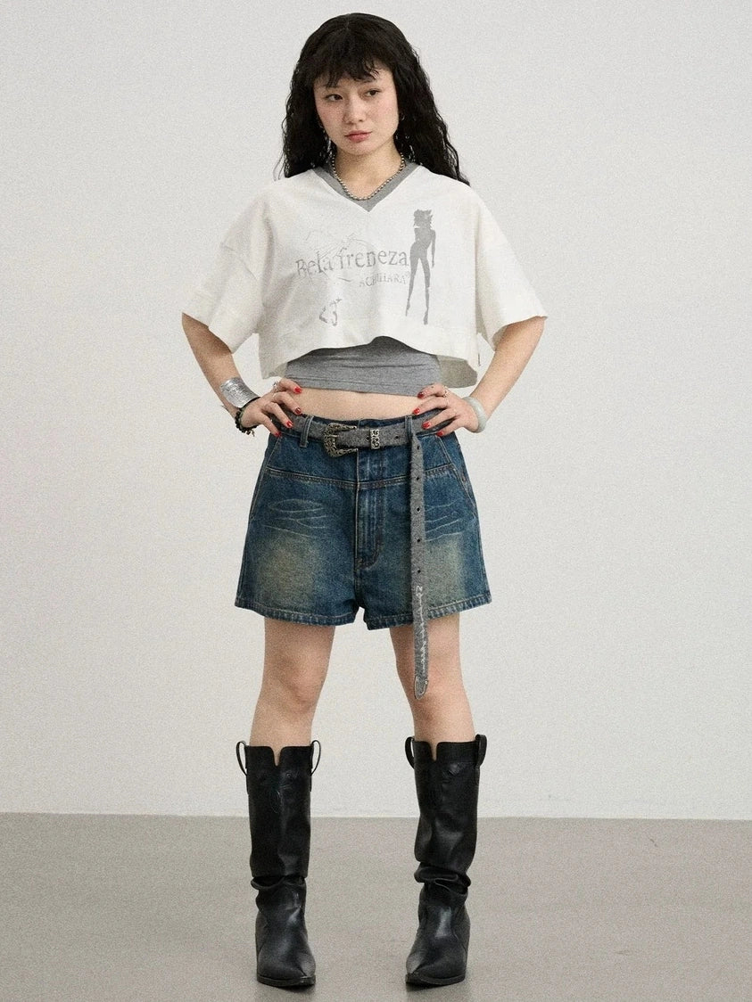 Achihara Soft Cotton Spandex Cropped V Neck Short Sleeve Women Office Black White T-Shirt