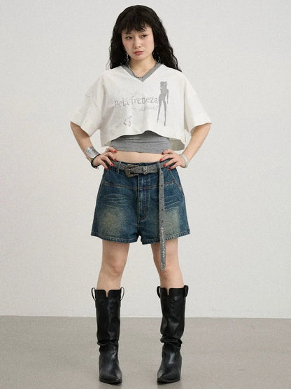 Achihara Soft Cotton Spandex Cropped V Neck Short Sleeve Women Office Black White T-Shirt