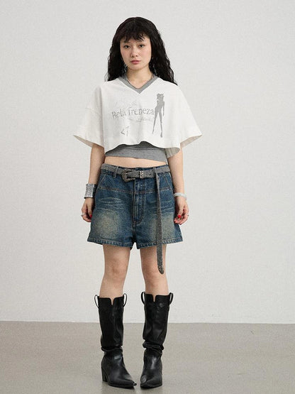 Achihara Soft Cotton Spandex Cropped V Neck Short Sleeve Women Office Black White T-Shirt