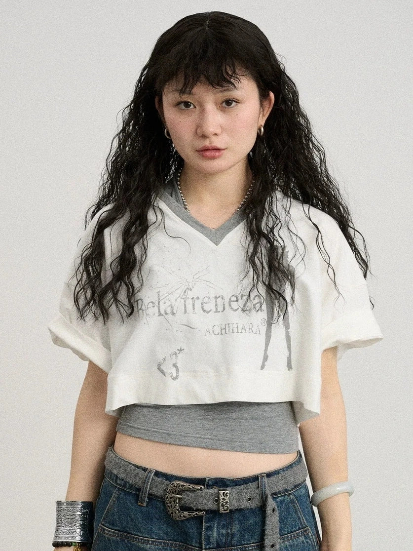 Achihara Soft Cotton Spandex Cropped V Neck Short Sleeve Women Office Black White T-Shirt