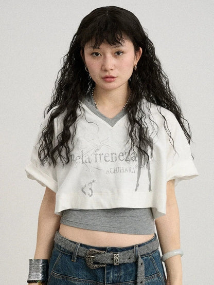 Achihara Soft Cotton Spandex Cropped V Neck Short Sleeve Women Office Black White T-Shirt